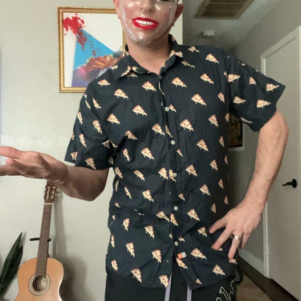 Casual Black Pizza Print Button Down Shirt